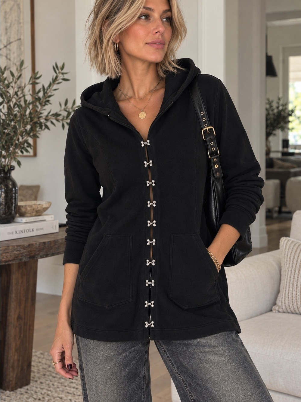 Barbara Lesser Black Hooded Cardigan, Hook & Eye Closure